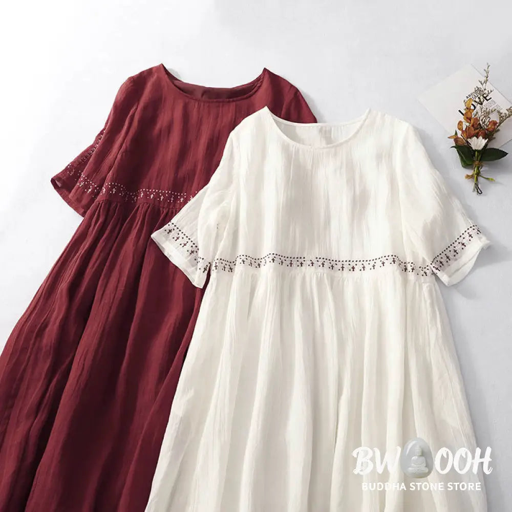 Buddha Stones Solid Color Embroidery Short Sleeve Cotton Midi Dress - Midi Dress