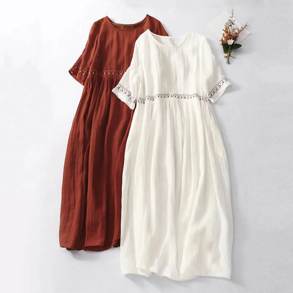 BWOOOH Solid Color Embroidery Short Sleeve Cotton Midi Dr