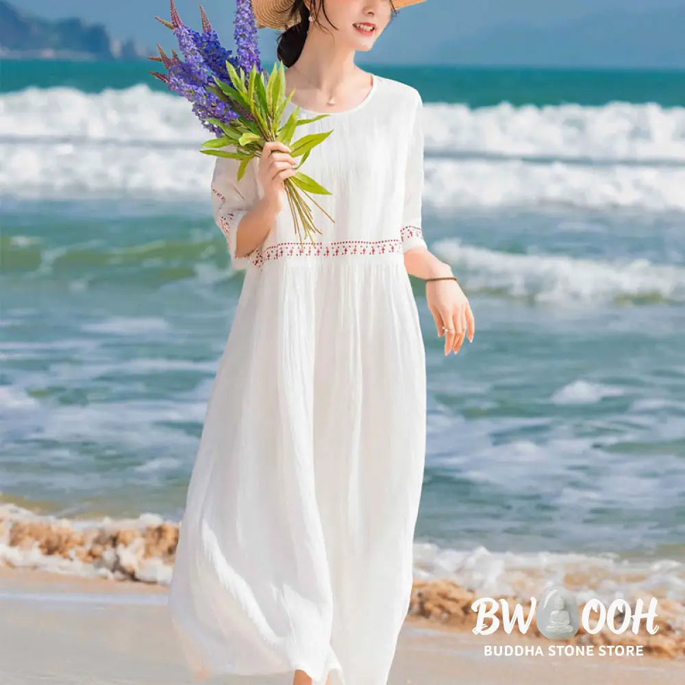 Buddha Stones Solid Color Embroidery Short Sleeve Cotton Midi Dress - Midi Dress