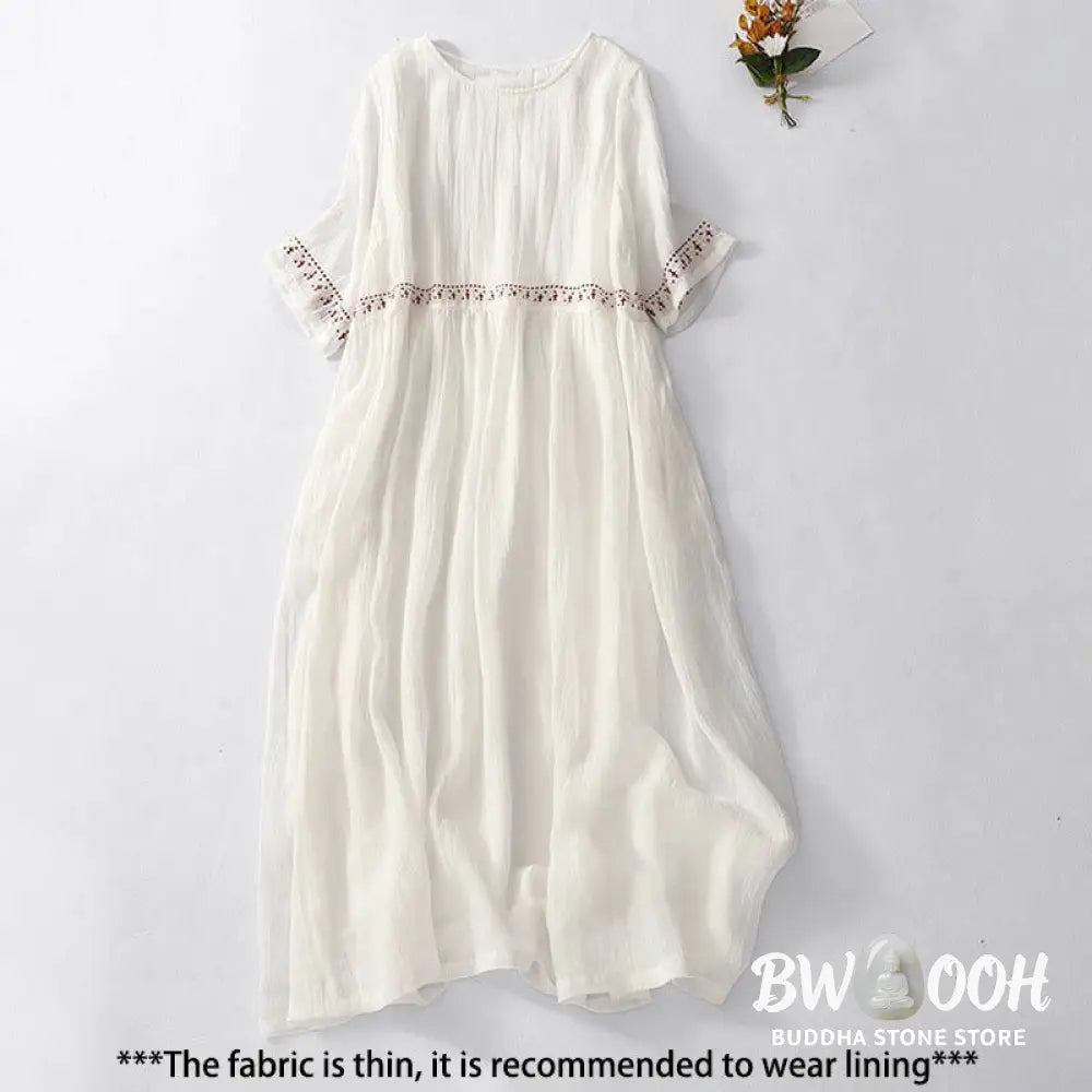 Buddha Stones Solid Color Embroidery Short Sleeve Cotton Midi Dress - Midi Dress