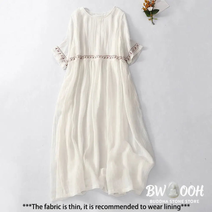 Buddha Stones Solid Color Embroidery Short Sleeve Cotton Midi Dress - Midi Dress