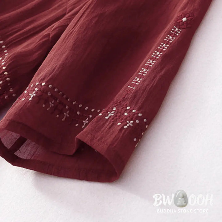 Buddha Stones Solid Color Embroidery Short Sleeve Cotton Midi Dress - Midi Dress