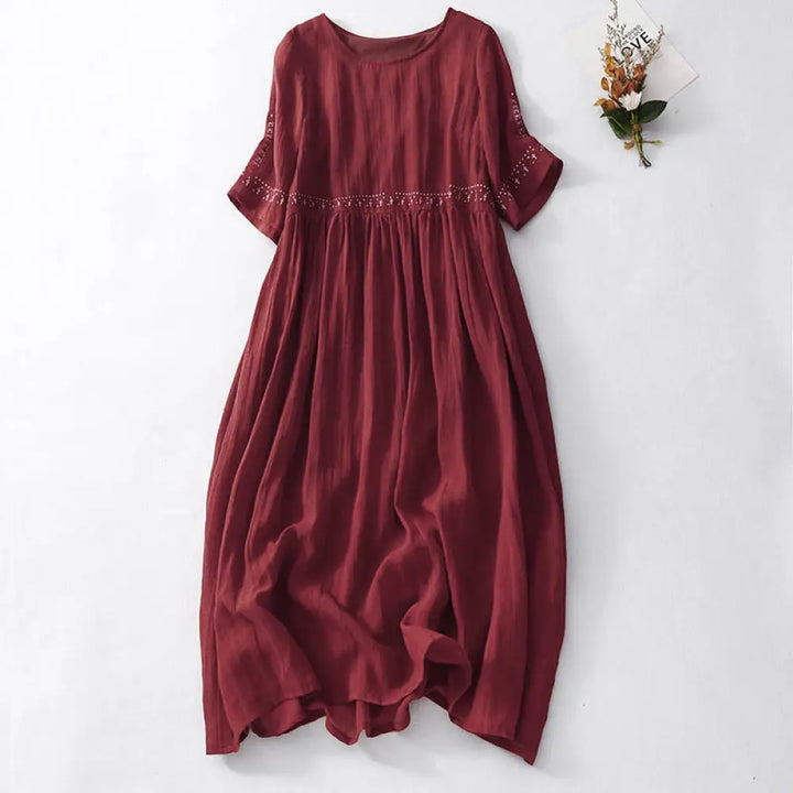 Buddha Stones Solid Color Embroidery Short Sleeve Cotton Midi Dress - FireBrick / US4，UK/AU8，EU36 (M) - Midi Dress