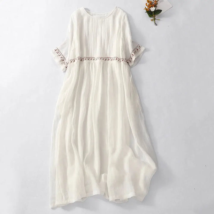 Buddha Stones Solid Color Embroidery Short Sleeve Cotton Midi Dress - White / US4，UK/AU8，EU36 (M) - Midi Dress