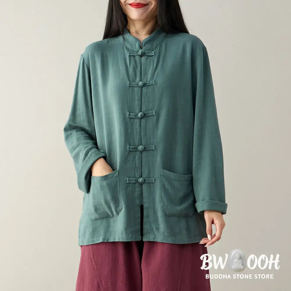 Buddha Stones Solid Color Frog-button Long Sleeve Cotton Linen Women’s Shirts With Pockets - Women’s Shirts