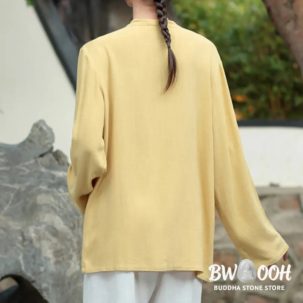 Buddha Stones Solid Color Frog-button Long Sleeve Cotton Linen Women’s Shirts With Pockets - Women’s Shirts