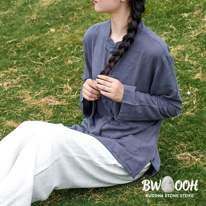 Buddha Stones Solid Color Frog-button Long Sleeve Cotton Linen Women’s Shirts With Pockets - Women’s Shirts