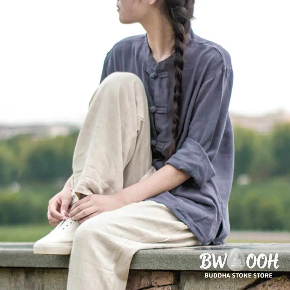 Buddha Stones Solid Color Frog-button Long Sleeve Cotton Linen Women’s Shirts With Pockets - Women’s Shirts