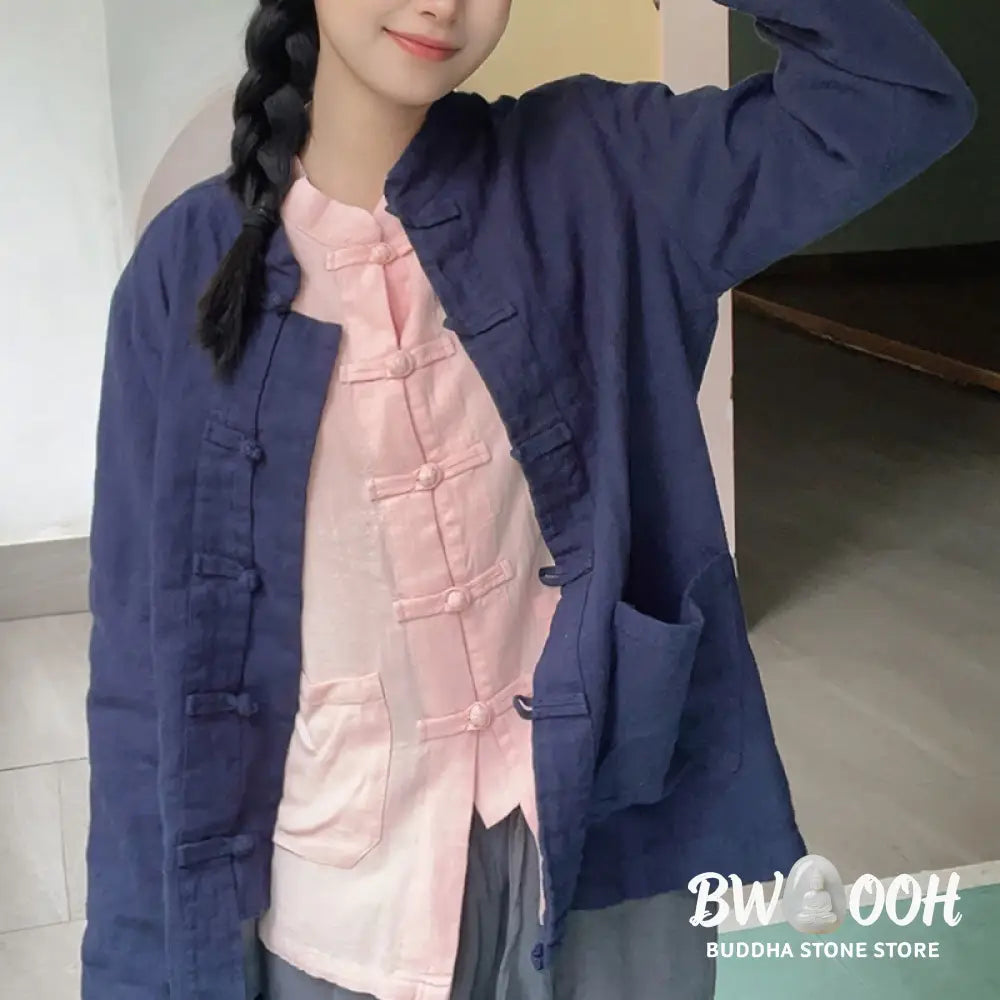 Buddha Stones Solid Color Frog-button Long Sleeve Cotton Linen Women’s Shirts With Pockets - Women’s Shirts
