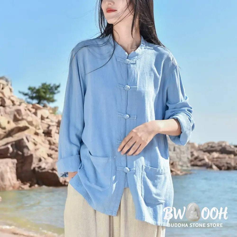 Buddha Stones Solid Color Frog-button Long Sleeve Cotton Linen Women’s Shirts With Pockets - Women’s Shirts