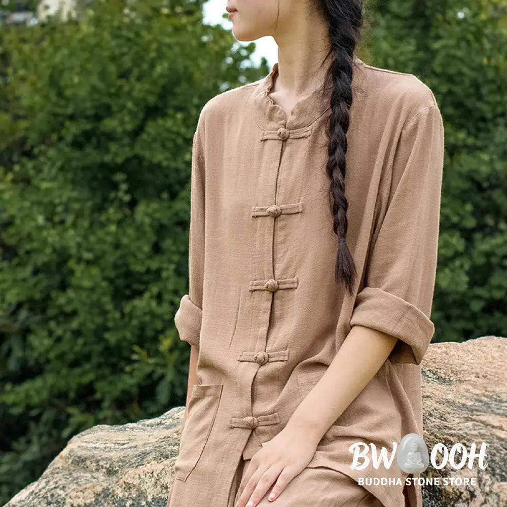 Buddha Stones Solid Color Frog-button Long Sleeve Cotton Linen Women’s Shirts With Pockets - Women’s Shirts
