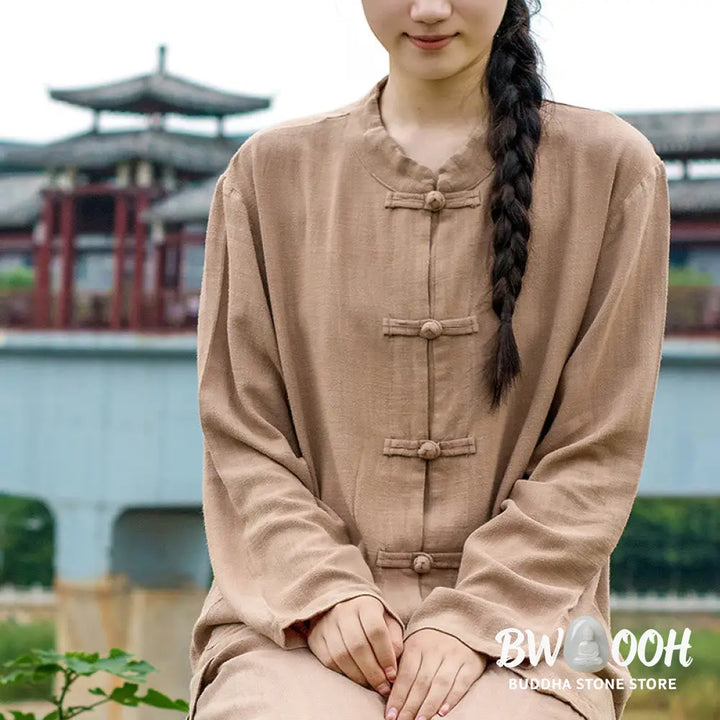 Buddha Stones Solid Color Frog-button Long Sleeve Cotton Linen Women’s Shirts With Pockets - Women’s Shirts