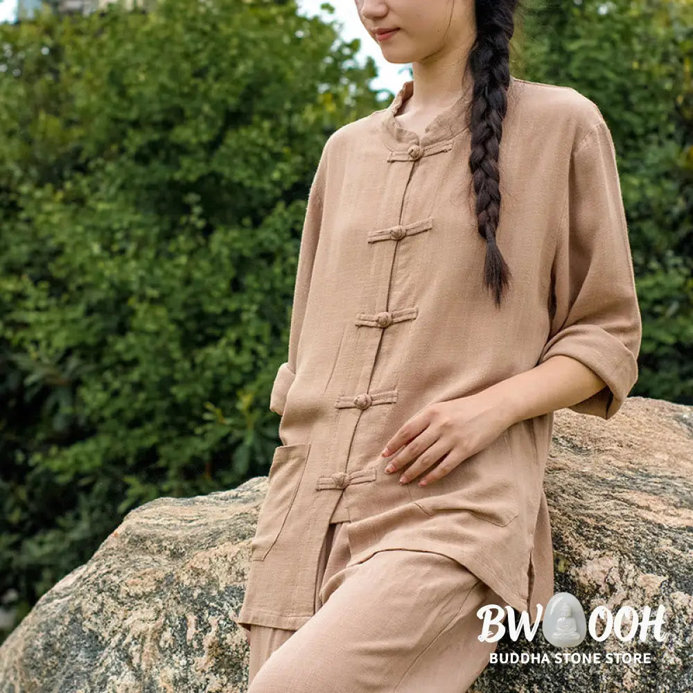 Buddha Stones Solid Color Frog-button Long Sleeve Cotton Linen Women’s Shirts With Pockets - Women’s Shirts