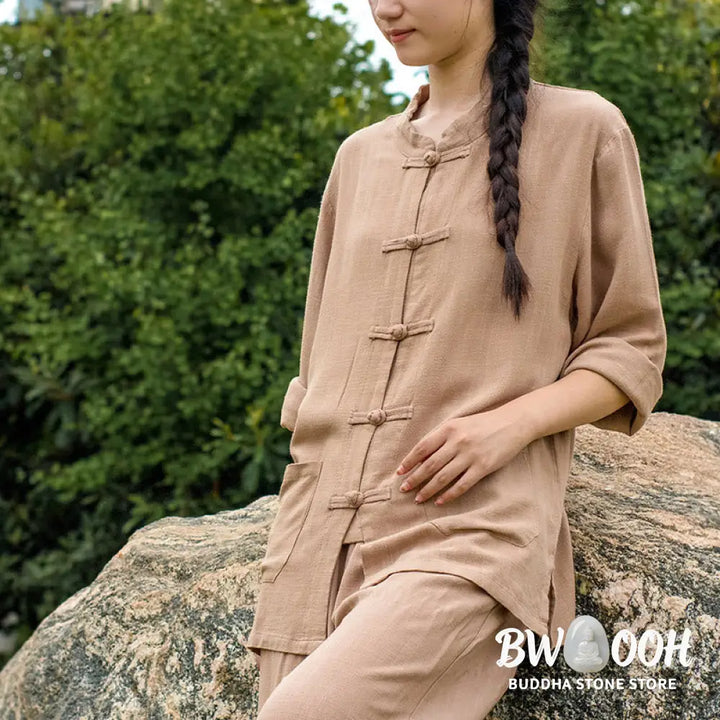 Buddha Stones Solid Color Frog-button Long Sleeve Cotton Linen Women’s Shirts With Pockets - Women’s Shirts