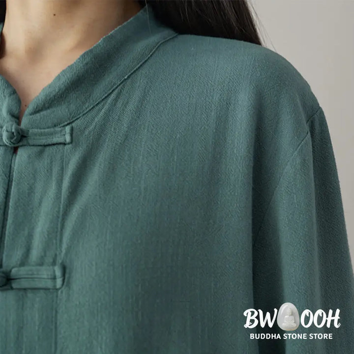 Buddha Stones Solid Color Frog-button Long Sleeve Cotton Linen Women’s Shirts With Pockets - Women’s Shirts