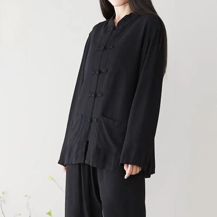 Buddha Stones Solid Color Frog-button Long Sleeve Cotton Linen Women’s Shirts With Pockets - Black / US4，UK/AU8，EU36