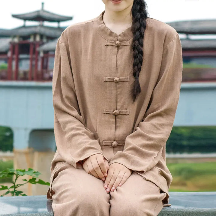 Buddha Stones Solid Color Frog-button Long Sleeve Cotton Linen Women’s Shirts With Pockets - BurlyWood
