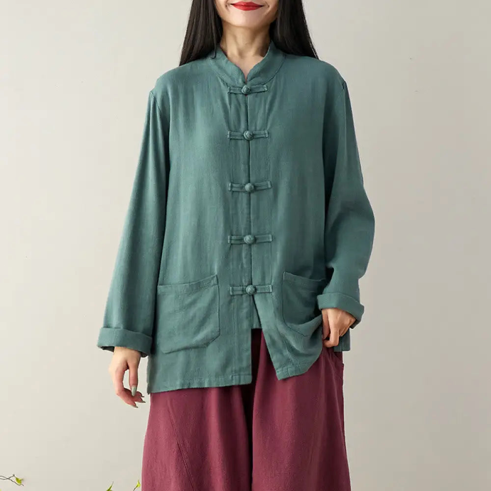 Buddha Stones Solid Color Frog-button Long Sleeve Cotton Linen Women’s Shirts With Pockets - CadetBlue