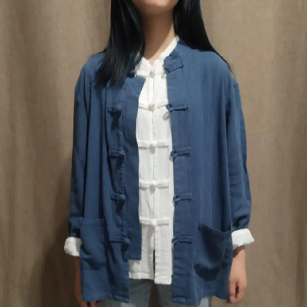 Buddha Stones Solid Color Frog-button Long Sleeve Cotton Linen Women’s Shirts With Pockets - DarkSlateBlue