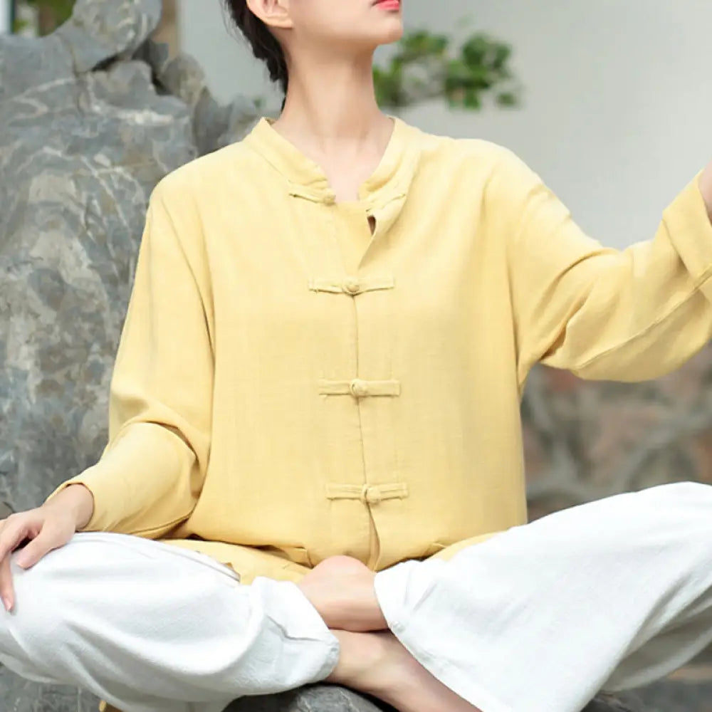 Buddha Stones Solid Color Frog-button Long Sleeve Cotton Linen Women’s Shirts With Pockets - Khaki / US4，UK/AU8，EU36