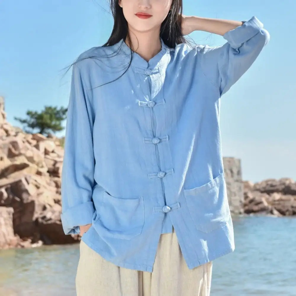 Buddha Stones Solid Color Frog-button Long Sleeve Cotton Linen Women’s Shirts With Pockets - LightSkyBlue