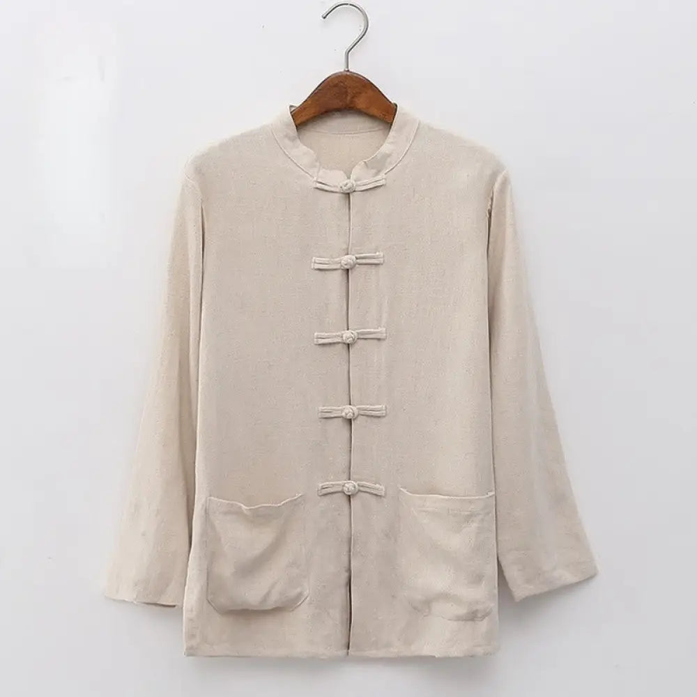 Buddha Stones Solid Color Frog-button Long Sleeve Cotton Linen Women’s Shirts With Pockets - OldLace / US4，UK/AU8，EU36