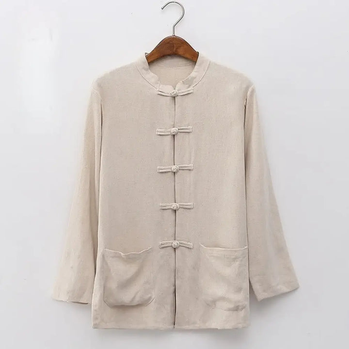 Buddha Stones Solid Color Frog-button Long Sleeve Cotton Linen Women’s Shirts With Pockets - OldLace / US4，UK/AU8，EU36