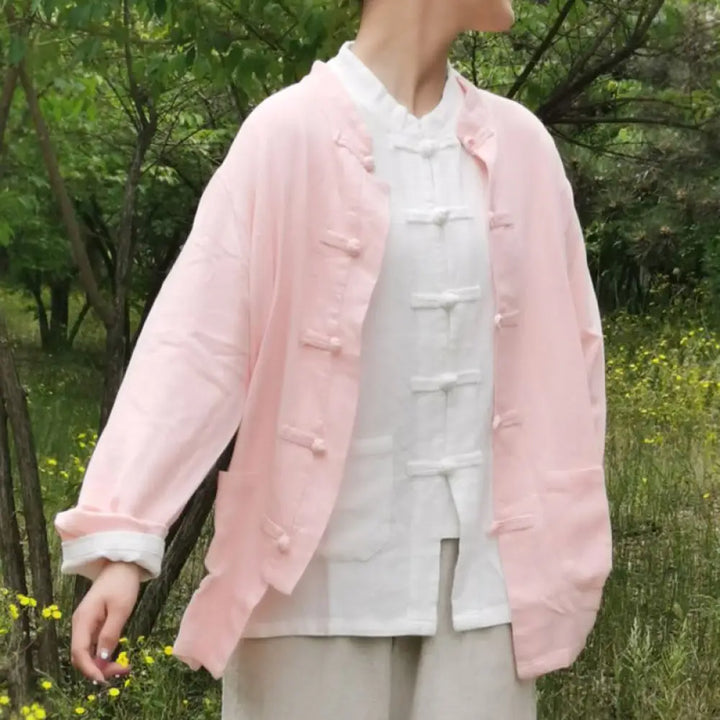 Buddha Stones Solid Color Frog-button Long Sleeve Cotton Linen Women’s Shirts With Pockets - Pink / US4，UK/AU8，EU36 (M)
