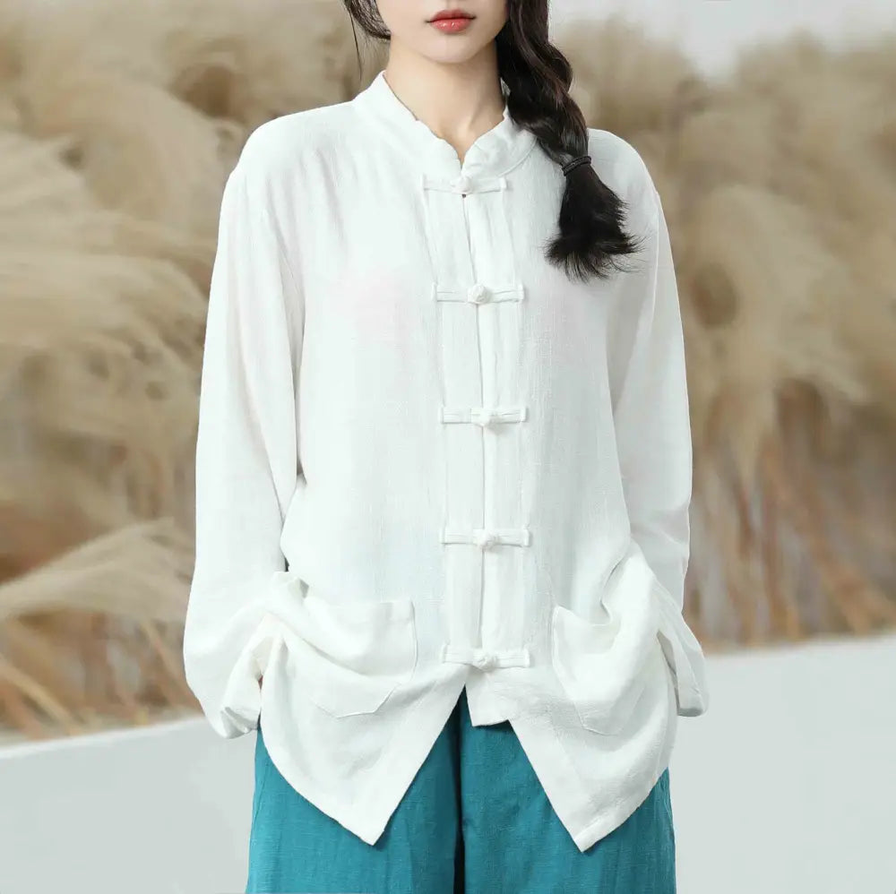 BWOOOH Solid Color Frog-button Long Sleeve Cotton Linen W