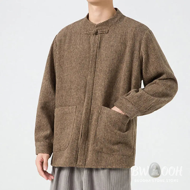 Buddha Stones Solid Color Frog-Button Long Sleeve Men’s Cotton Corduroy Jacket With Pockets - Men’s Jacket