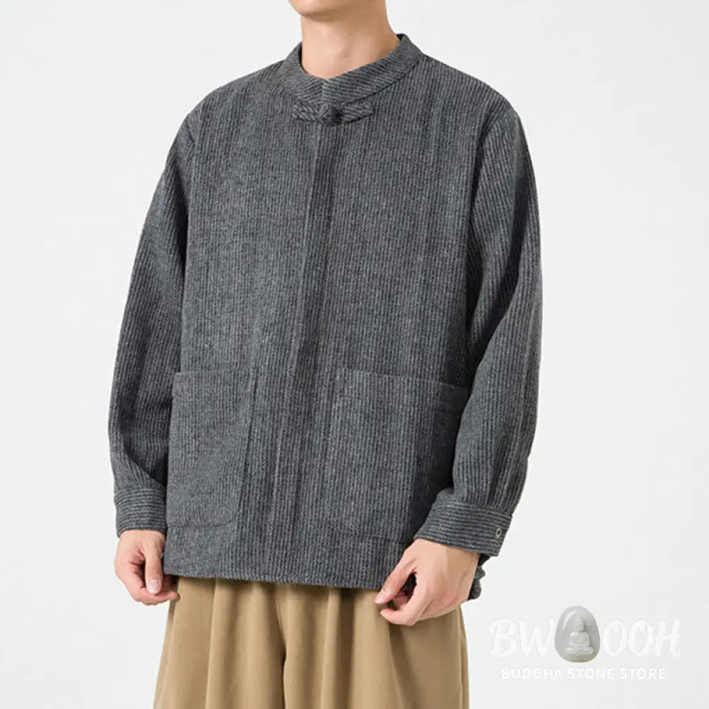 Buddha Stones Solid Color Frog-Button Long Sleeve Men’s Cotton Corduroy Jacket With Pockets - Men’s Jacket