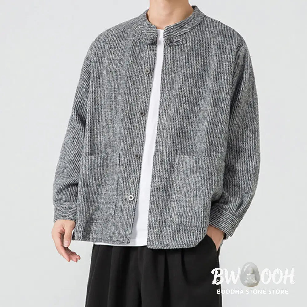 Buddha Stones Solid Color Frog-Button Long Sleeve Men’s Cotton Corduroy Jacket With Pockets - Men’s Jacket