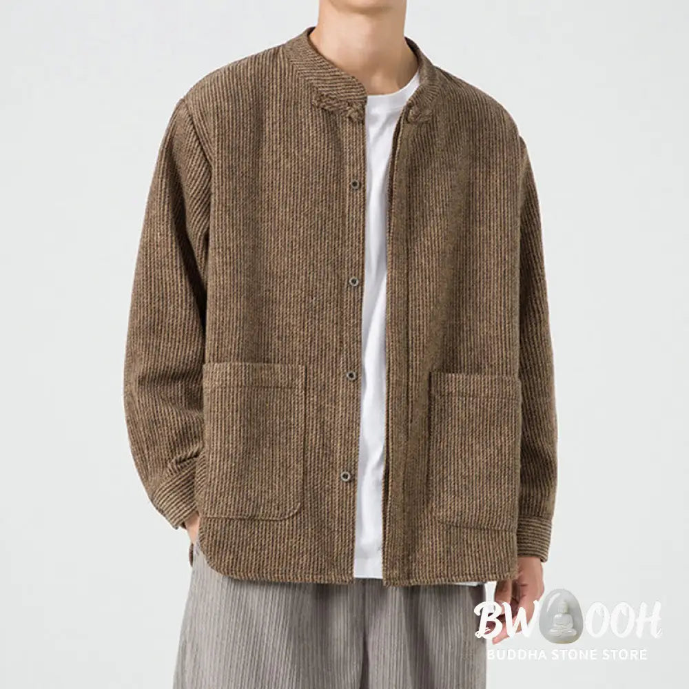 Buddha Stones Solid Color Frog-Button Long Sleeve Men’s Cotton Corduroy Jacket With Pockets - Men’s Jacket