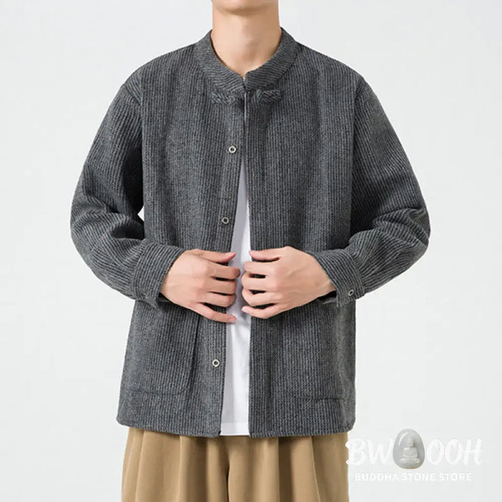 Buddha Stones Solid Color Frog-Button Long Sleeve Men’s Cotton Corduroy Jacket With Pockets - Men’s Jacket