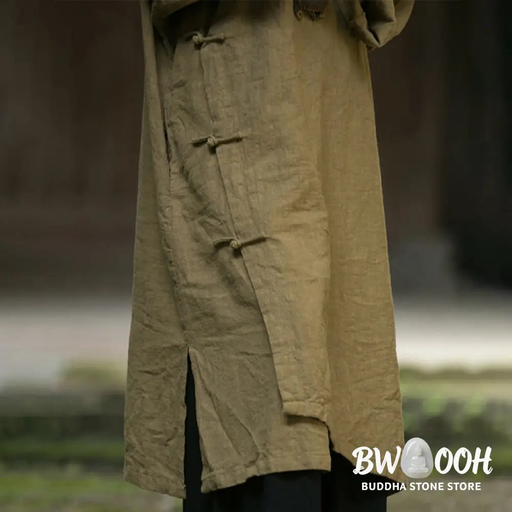 Buddha Stones Solid Color Frog-Button Long Sleeve Ramie Linen Cotton Midi Dress With Pockets - Midi Dress
