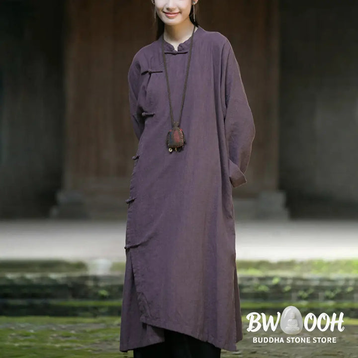 Buddha Stones Solid Color Frog-Button Long Sleeve Ramie Linen Cotton Midi Dress With Pockets - Midi Dress