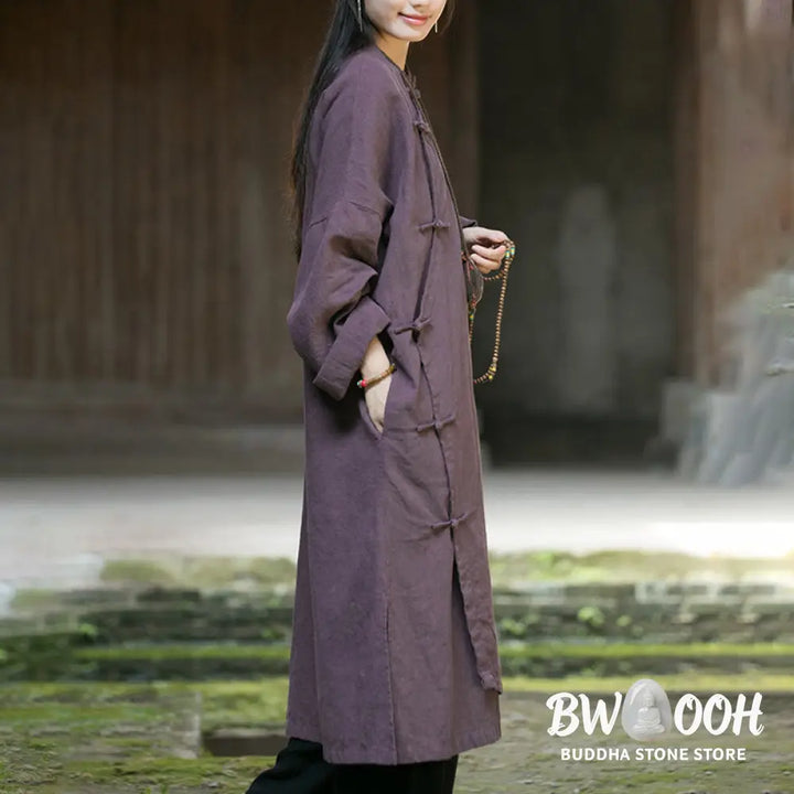 Buddha Stones Solid Color Frog-Button Long Sleeve Ramie Linen Cotton Midi Dress With Pockets - Midi Dress