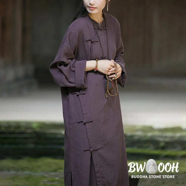 Buddha Stones Solid Color Frog-Button Long Sleeve Ramie Linen Cotton Midi Dress With Pockets - Midi Dress