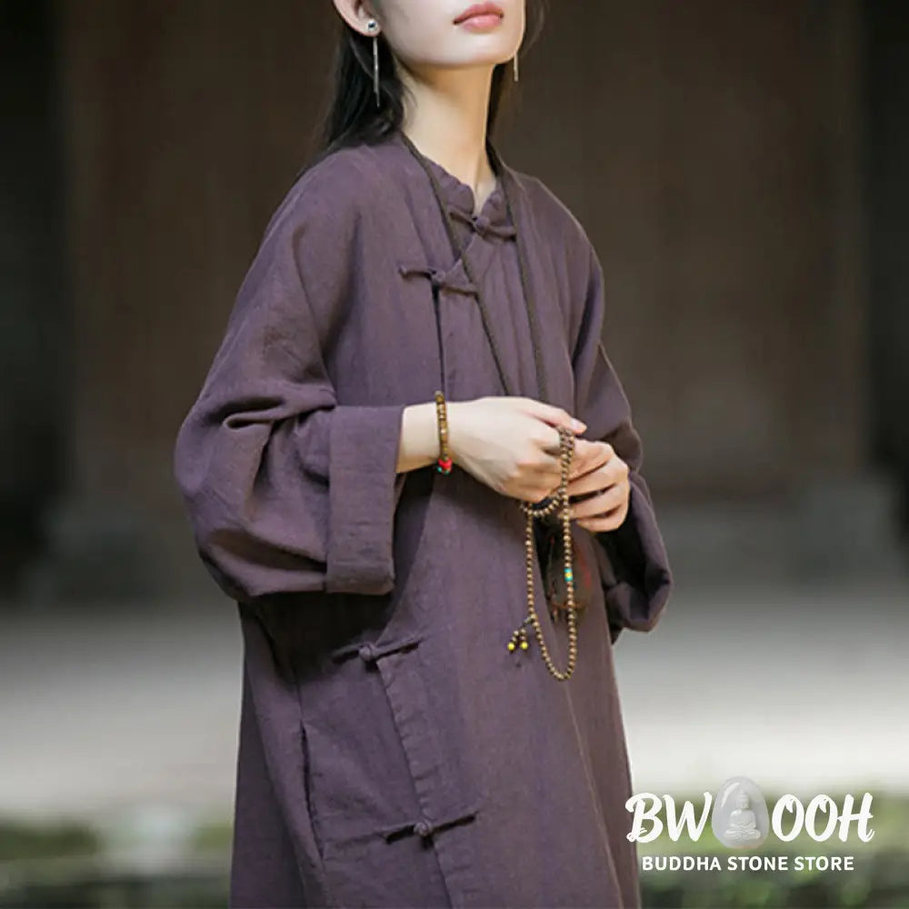 Buddha Stones Solid Color Frog-Button Long Sleeve Ramie Linen Cotton Midi Dress With Pockets - Midi Dress