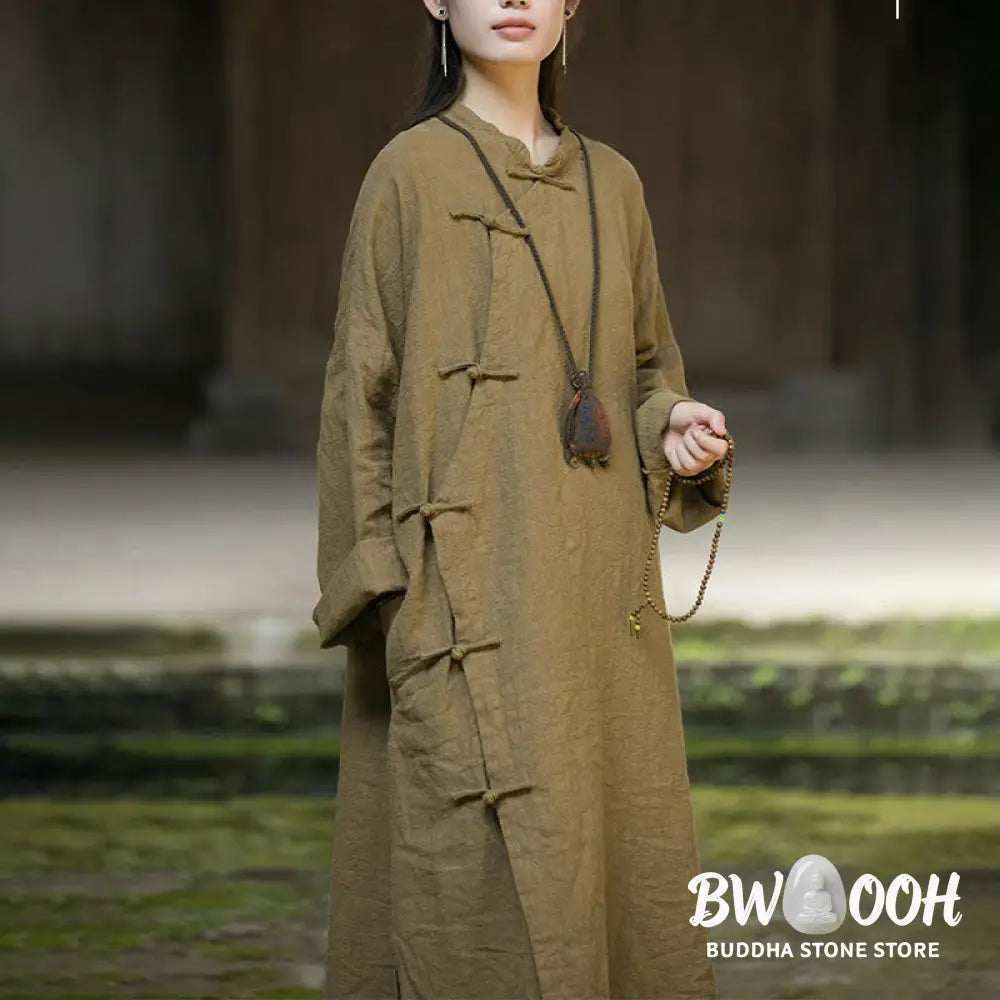 Buddha Stones Solid Color Frog-Button Long Sleeve Ramie Linen Cotton Midi Dress With Pockets - Midi Dress