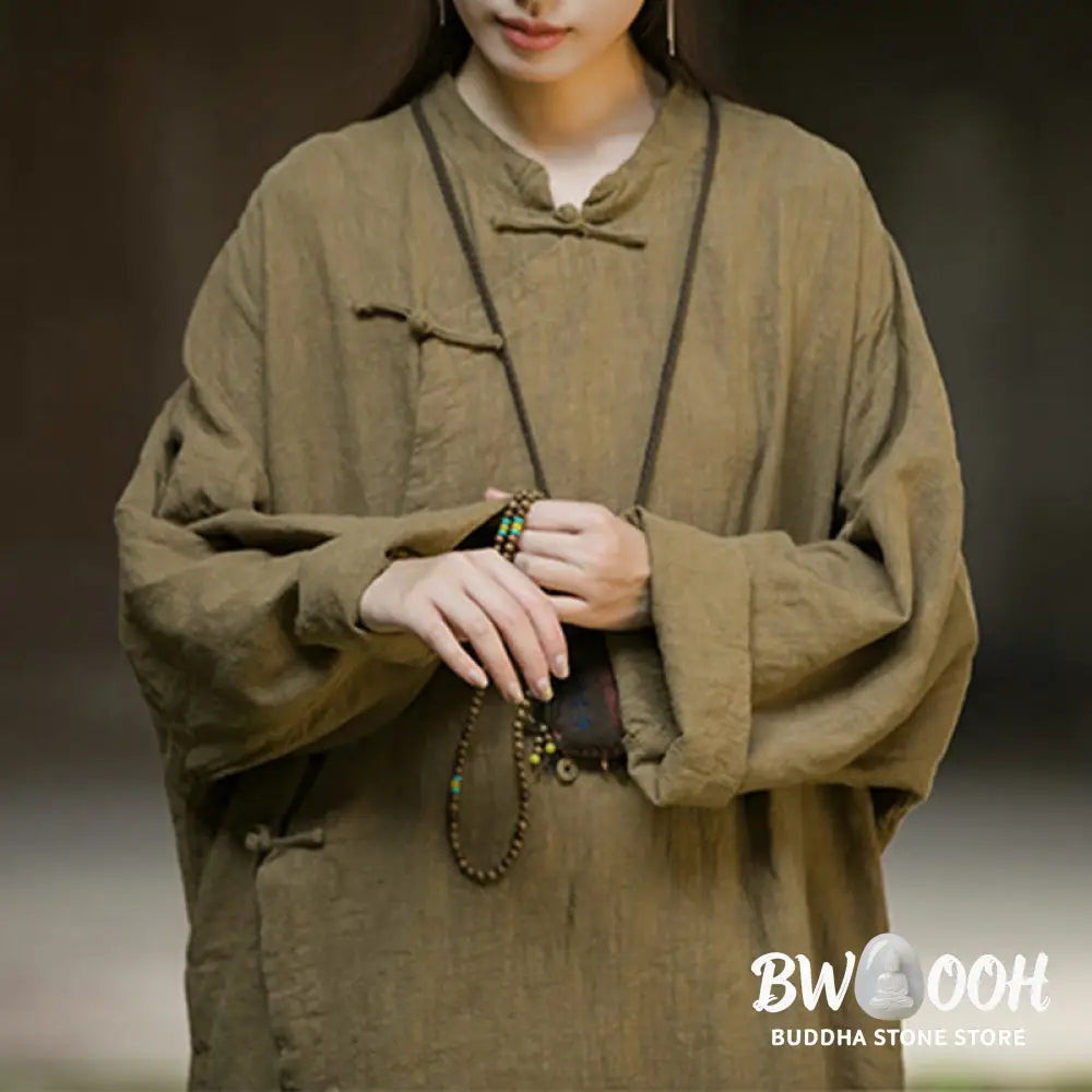 Buddha Stones Solid Color Frog-Button Long Sleeve Ramie Linen Cotton Midi Dress With Pockets - Midi Dress