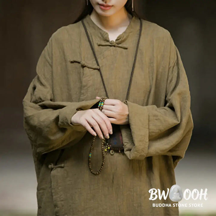 Buddha Stones Solid Color Frog-Button Long Sleeve Ramie Linen Cotton Midi Dress With Pockets - Midi Dress