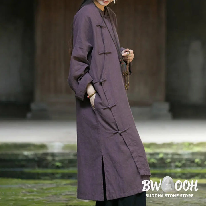 Buddha Stones Solid Color Frog-Button Long Sleeve Ramie Linen Cotton Midi Dress With Pockets - Midi Dress