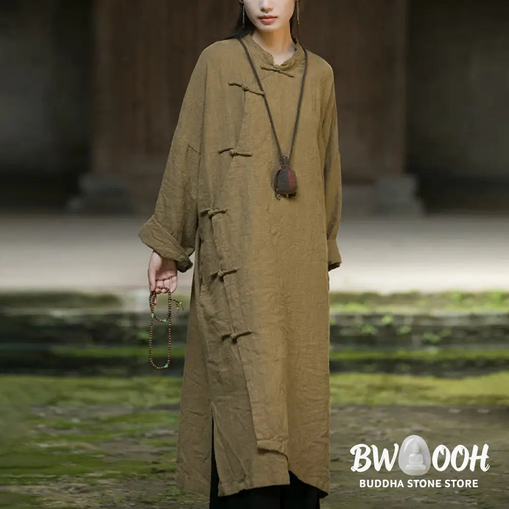 Buddha Stones Solid Color Frog-Button Long Sleeve Ramie Linen Cotton Midi Dress With Pockets - Midi Dress