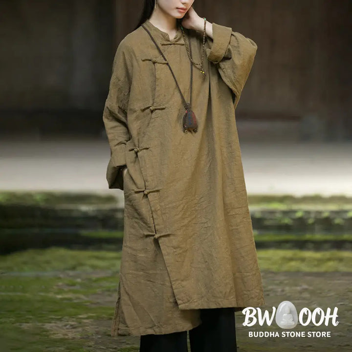 Buddha Stones Solid Color Frog-Button Long Sleeve Ramie Linen Cotton Midi Dress With Pockets - Midi Dress