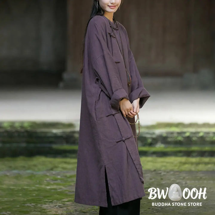 Buddha Stones Solid Color Frog-Button Long Sleeve Ramie Linen Cotton Midi Dress With Pockets - Midi Dress
