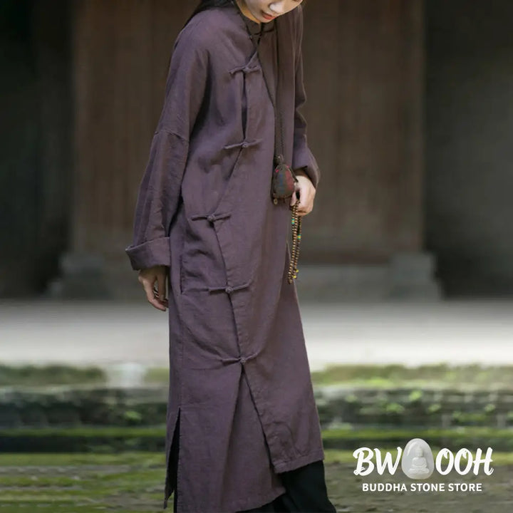Buddha Stones Solid Color Frog-Button Long Sleeve Ramie Linen Cotton Midi Dress With Pockets - Midi Dress