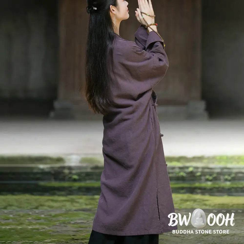 Buddha Stones Solid Color Frog-Button Long Sleeve Ramie Linen Cotton Midi Dress With Pockets - Midi Dress