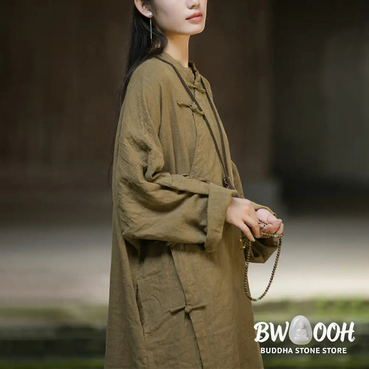 Buddha Stones Solid Color Frog-Button Long Sleeve Ramie Linen Cotton Midi Dress With Pockets - Midi Dress