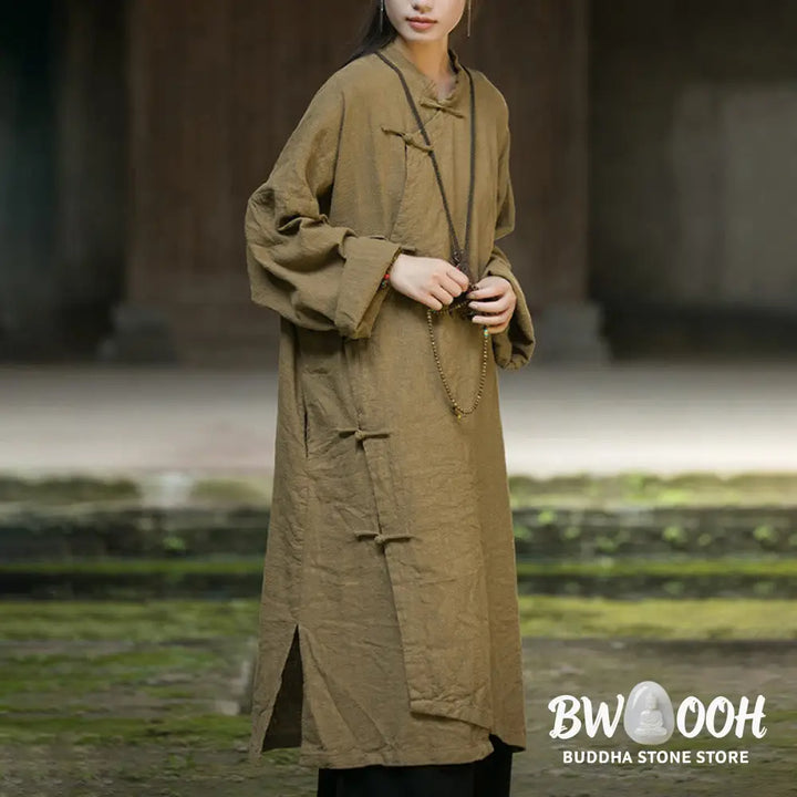 Buddha Stones Solid Color Frog-Button Long Sleeve Ramie Linen Cotton Midi Dress With Pockets - Midi Dress